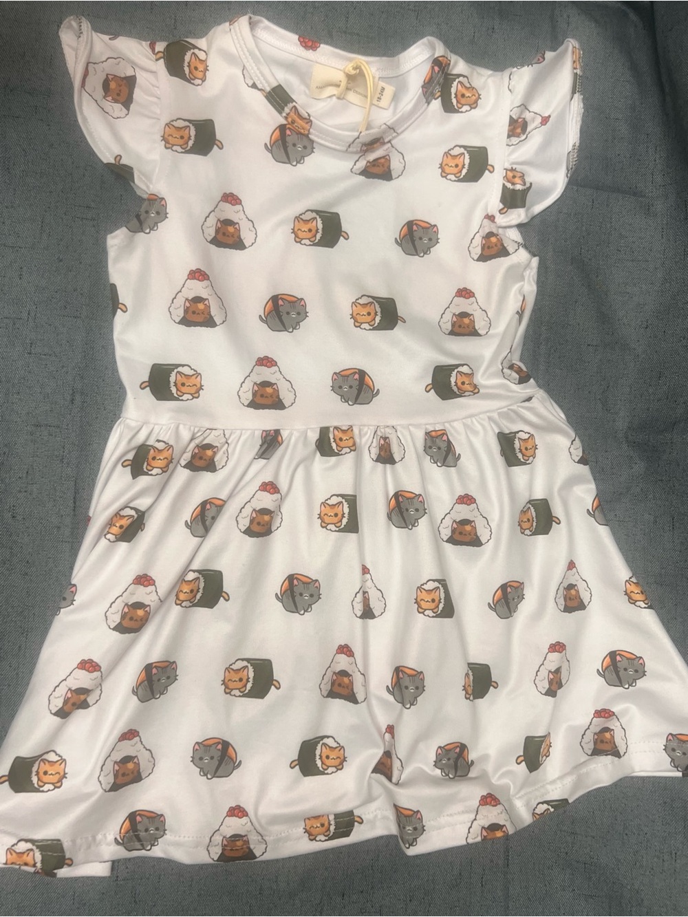 White Girls' Sushi Cat Print Casual Dress